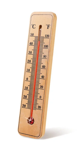 Wooden Thermometer High Temperature Close White Background Isolated — Stock Photo, Image