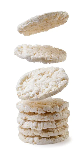Kerek Puffasztott Rizs Sütemények Esik Egy Halom Közelkép Egy Fehér — Stock Fotó