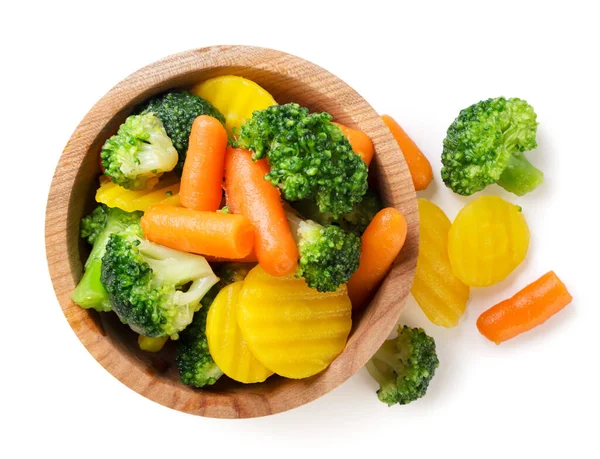 Mischung Aus Gefrorenem Gemüse Einem Teller Und Auf Weißem Hintergrund — Stockfoto