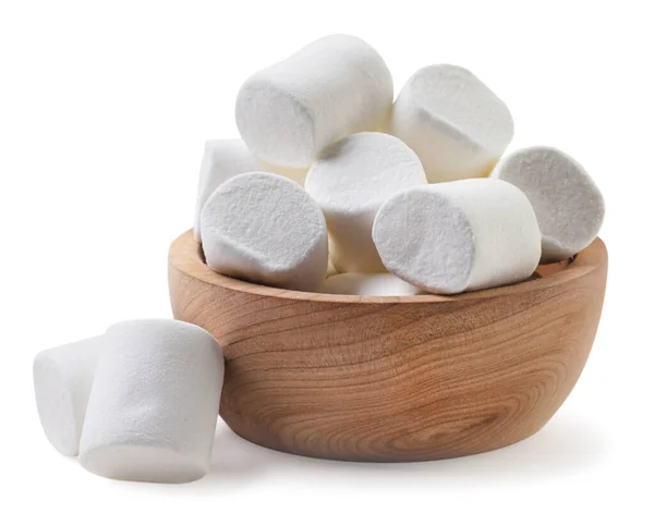 Marshmallows Piatto Legno Primo Piano Uno Sfondo Bianco Isolato — Foto Stock