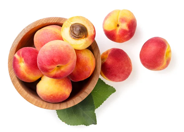 Ripe Apricots Wooden Plate Scattered Close White Background Top View Stock Photo