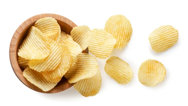 Potato Chips Spilled Wooden Plate Close White Background Top View — Stock Photo, Image
