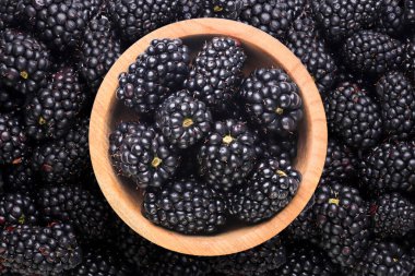 Olgun böğürtlenler, yakın plan, ahşap bir tabakta. en üstteki görünüm