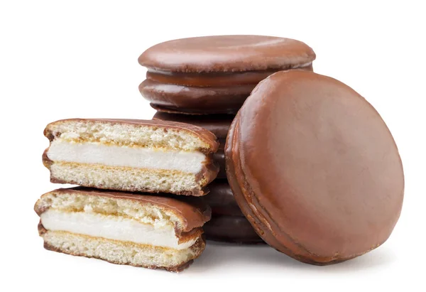 Cokelat Choco Pie Dan Dua Bagian Close Dengan Latar Belakang — Stok Foto