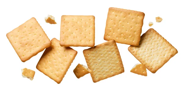 Μπισκότα Crackers Κομμάτια Πετούν Λευκό Φόντο Μεμονωμένα — Φωτογραφία Αρχείου