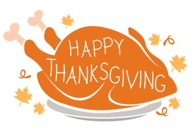 Kızarmış hindi kuşunun silueti ve beyaz arka planda Mutlu Şükran Günleri mesajı. Pankart