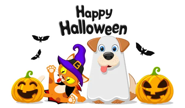Domácí Pes Kočka Halloweenských Kostýmech Zblízka Bílém Pozadí Znaky — Stockový vektor