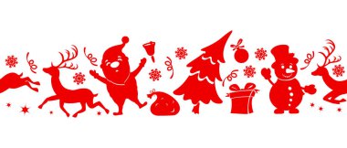 Noel Baba 'nın siluetleri, ren geyikleri ve beyaz arka planda kardan adam resmi olan kusursuz bir Noel deseni. Noel arkaplanı