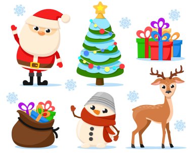 Noel Baba, ren geyiği ve kardan adam beyaz bir arka plana yakın çekim. Noel karakterleri