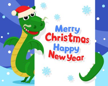 Noel şapkalı ejderha beyaz bir çarşafın arkasından bakar, mesaj için yer açar. Mutlu yıllar.