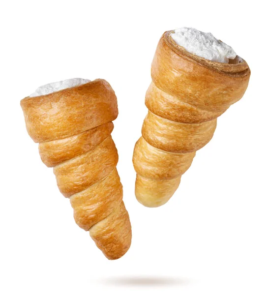Puff Pastry Cream Horn Flying Close White Background Isolated — Stock Photo, Image