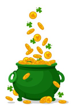 Aziz Patrick Günü. Altın sikkeler beyaz arka planda yeşil bir sürahiye düşer..