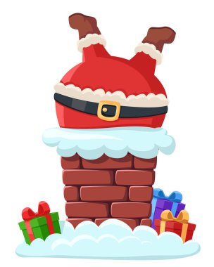Noel Baba, beyaz bir arka planda bacaya sıkıştı. Noel karakteri