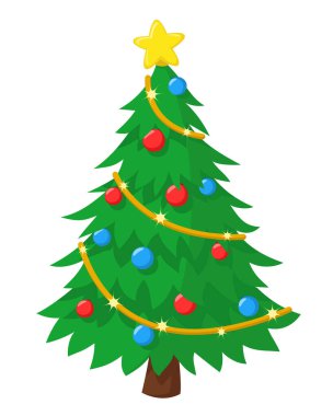 Toplarla süslenmiş Noel ağacı, beyaz arka planda yıldız ve çelenk.