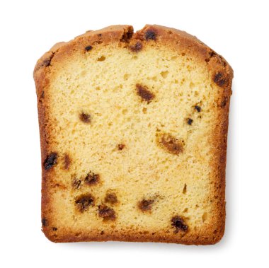 Beyaz arka planda kuru üzümlü kek. Üst görünüm