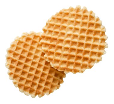 Beyaz arka planda yakın planda uçan iki waffle. İzole edilmiş