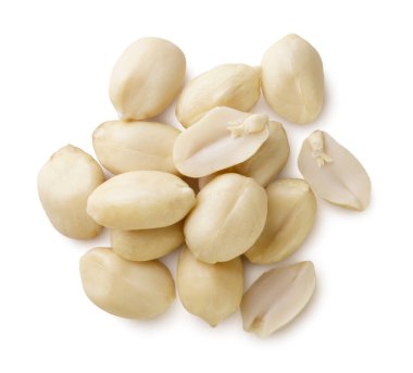 Beyaz arka planda soyulmuş fıstık yığını. Üst görünüm.