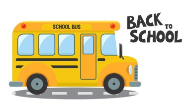 Okul otobüsü yolda, beyaz arka planda yan manzara. Okula geri dön.