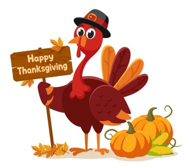 Turkey bird stands next to a pumpkin with corn and holds a wooden sign on a white background. Happy Thanksgiving