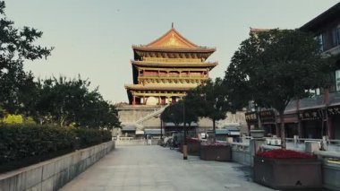 Shanxi, Çin 'de Davul Kulesi simgesi olan Xian şehir manzarası