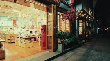 HANGZHOU, ÇİN 2, 2021: Geceleri dükkanlar ve restoranlarla sokak manzarası