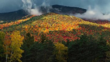Amerika 'nın New York eyaletinin yukarısından Adirondack' ın çarpıcı doğa renkleriyle güzel sonbahar yaprakları zamanlaması.