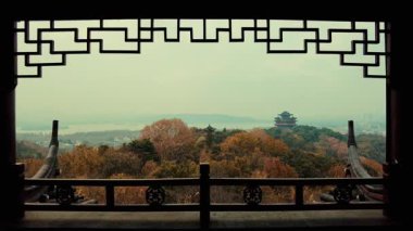 Çin 'in Zhejiang eyaletindeki Hangzhou' da Chenghuangge Pavyonu hava görüntüsü