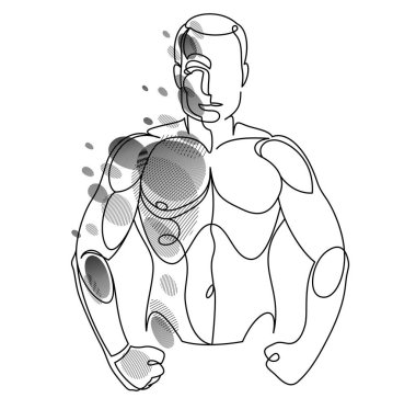Linear drawing of a perfect body fit model man posing vector illustration isolated, muscular macho sexy guy with naked torso topless.