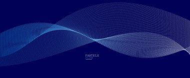 Koyu mavi parçacıklar akış vektör tasarımı, dalgalı noktalar dizisi ile soyut arkaplan, dijital fütüristik illüstrasyon, nano teknoloji teması.