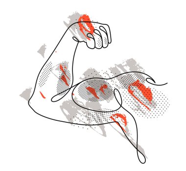 Muscular hand of bodybuilder showing strong biceps vector linear illustration isolated, fitness and gym sport theme drawing.