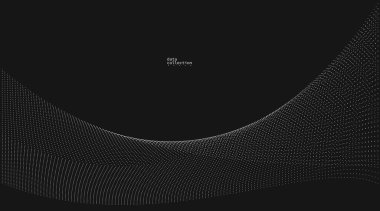 Hareket vektöründeki gri noktalar siyah üzerine soyut arkaplan, parçacıklar dalgalı akış dizisi, hareket, teknoloji ve bilimsel illüstrasyondaki eğri çizgiler.