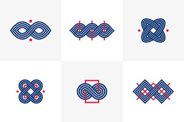 Abstract geometric linear symbols vector set, graphic design elements for logo creation, intertwined lines vintage style icons collection.