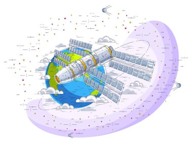 Uzay İstasyonu uçan yıldızlar ve diğer öğeler tarafından çevrili toprak, uzay gemisi uzay gemisi ISS yapay uydu, güneş panelleri ile çevresinde yörünge uzay uçuşu. İnce çizgi 3d vektör çizim.