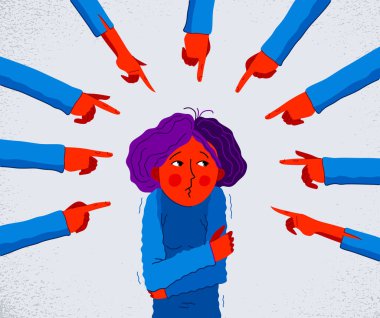 Utanç verici ve suçlayıcı vektör konsepti, genç bir kızı işaret eden el hareketi rahatsız ve korkmuş, sosyal gruplarda acımasız ve hoşgörüsüz davranış sorunu.