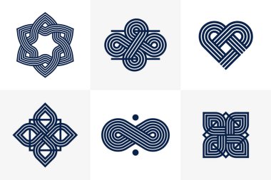 Soyut geometrik doğrusal semboller vektör seti, logo oluşturma için grafik tasarım unsurları, iç içe geçmiş çizgiler vintage biçim simgeleri koleksiyonu.