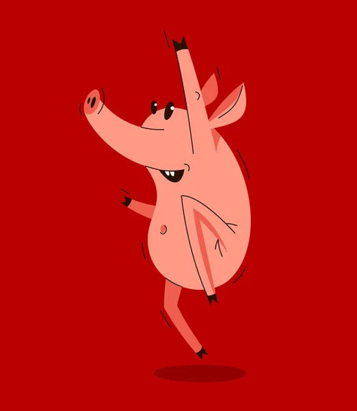 Funny Cartoon Pig Jumping Saying Yes Humorous Vector Illustration Animal — Stock Vector