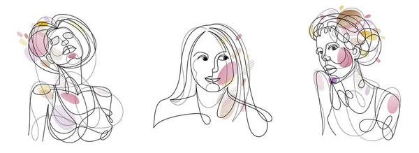 Woman Beauty Face Vector Linear Illustrations Set Delicate Line Art — Stockový vektor