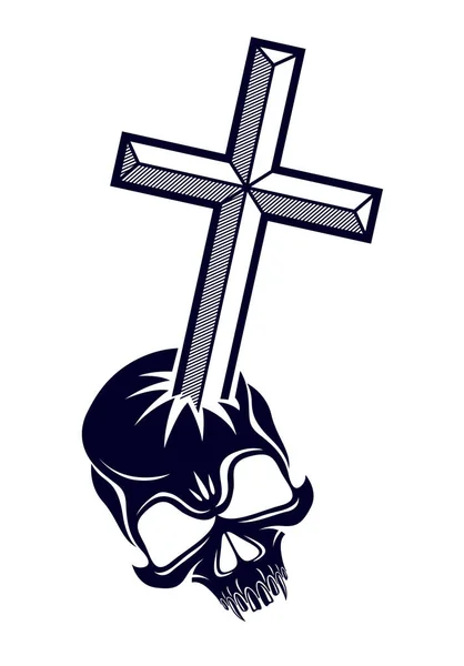 基督教十字架杀死死头头骨的萨坦 魔鬼和上帝的斗争 善恶的斗争 善总是战胜邪恶 — 图库矢量图片