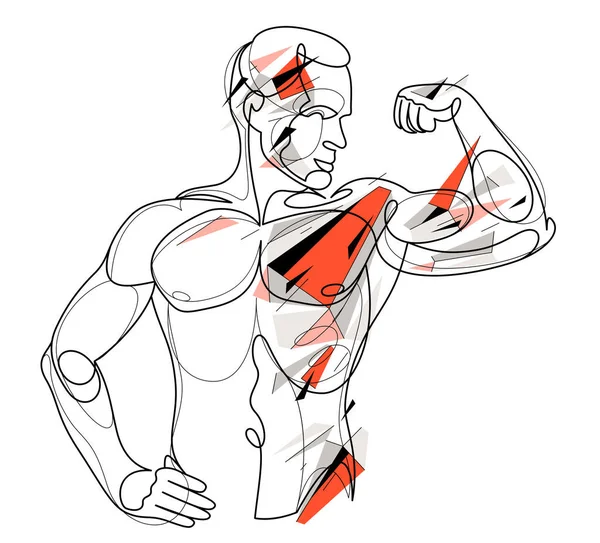 Linear Drawing Perfect Body Fit Model Man Posing Vector Illustration — ストックベクタ