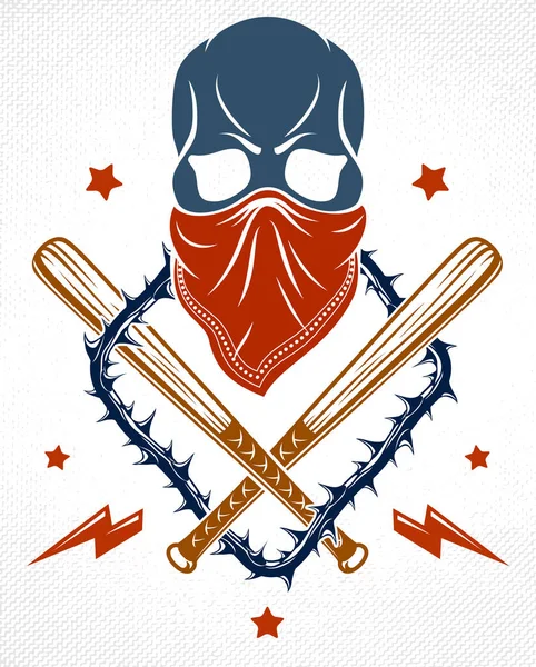 Кримінальне Татуювання Герб Гангстера Або Логотип Агресивними Черепними Бейсбольними Кажанами — стоковий вектор
