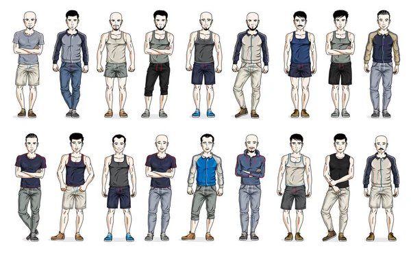Pohlední Muži Sportovním Oblečení Stojící Pózující Vektorové Ilustrace Velký Set — Stockový vektor