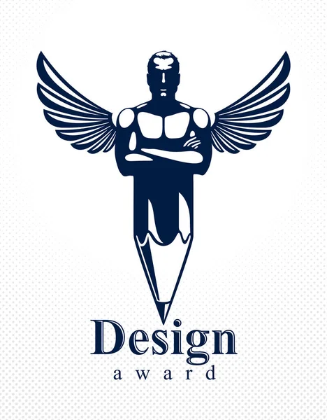 Сильний Людини Поєднанні Олівцем Крилами Символ Сильна Концепція Дизайну Творча — стоковий вектор