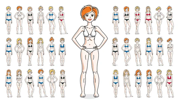 Frauen Bikini Vektor Illustrationen Isoliert Auf Weißem Hintergrund Großen Satz — Stockvektor