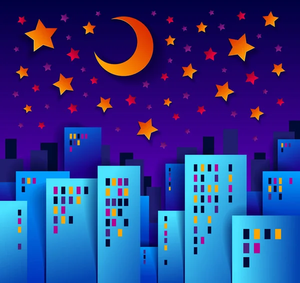 stock vector Cityscape in the night with moon and stars cartoon vector illustration in paper cut kids application style, high city buildings real property houses midnight time.