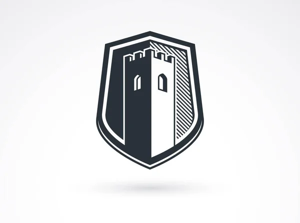 Escudo Com Torre Fortaleza Defesa Dentro Símbolo Vetor Logotipo Conceito — Vetor de Stock