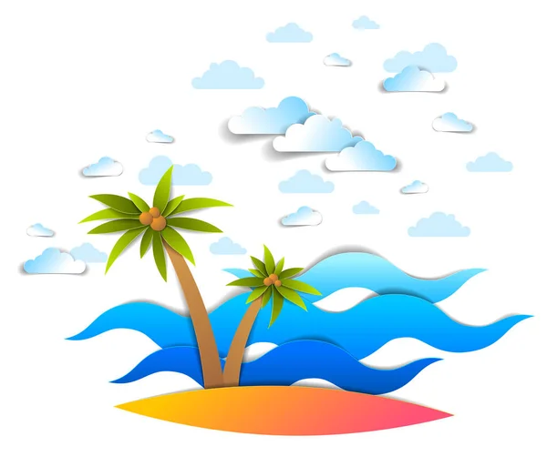 拥有手掌的海滩 海浪完美的海景 天空中的云彩 夏季海滩度假主题文件剪裁风格的矢量插图 — 图库矢量图片