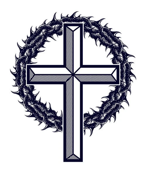 Cruz Cristã Com Espinho Negro Vetor Religião Logotipo Tatuagem Paixão — Vetor de Stock