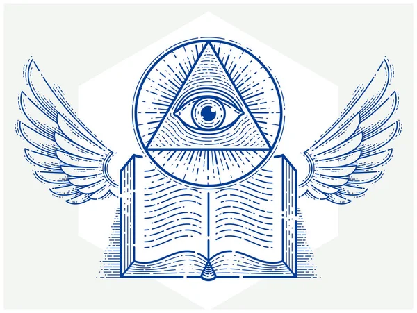 Secret Knowledge Vintage Open Winged Book All Seeing Eye God — Stock Vector