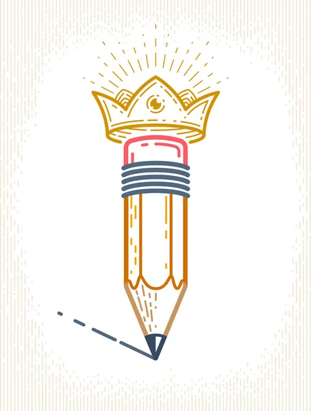 王冠と鉛筆 デザイナーやスタジオ 創造的な王 王室のデザイン 線形スタイルのベクトルシンプルな流行のロゴやアイコン — ストックベクタ
