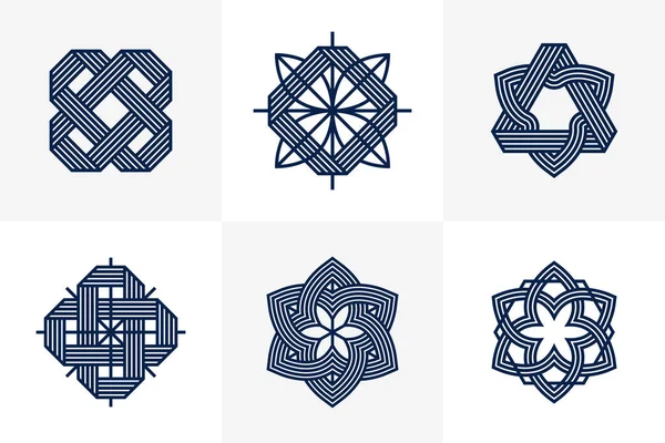 抽象幾何学的線形シンボルベクトルセット ロゴ作成のためのグラフィックデザイン要素 絡み合ったラインヴィンテージスタイルのアイコンコレクション — ストックベクタ